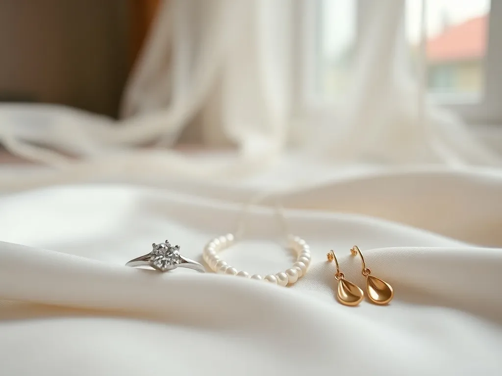 Delikatna ślubna biżuteria – pierścionek z diamentem, naszyjnik z pereł i złote kolczyki na białym jedwabiu w romantycznym świetle