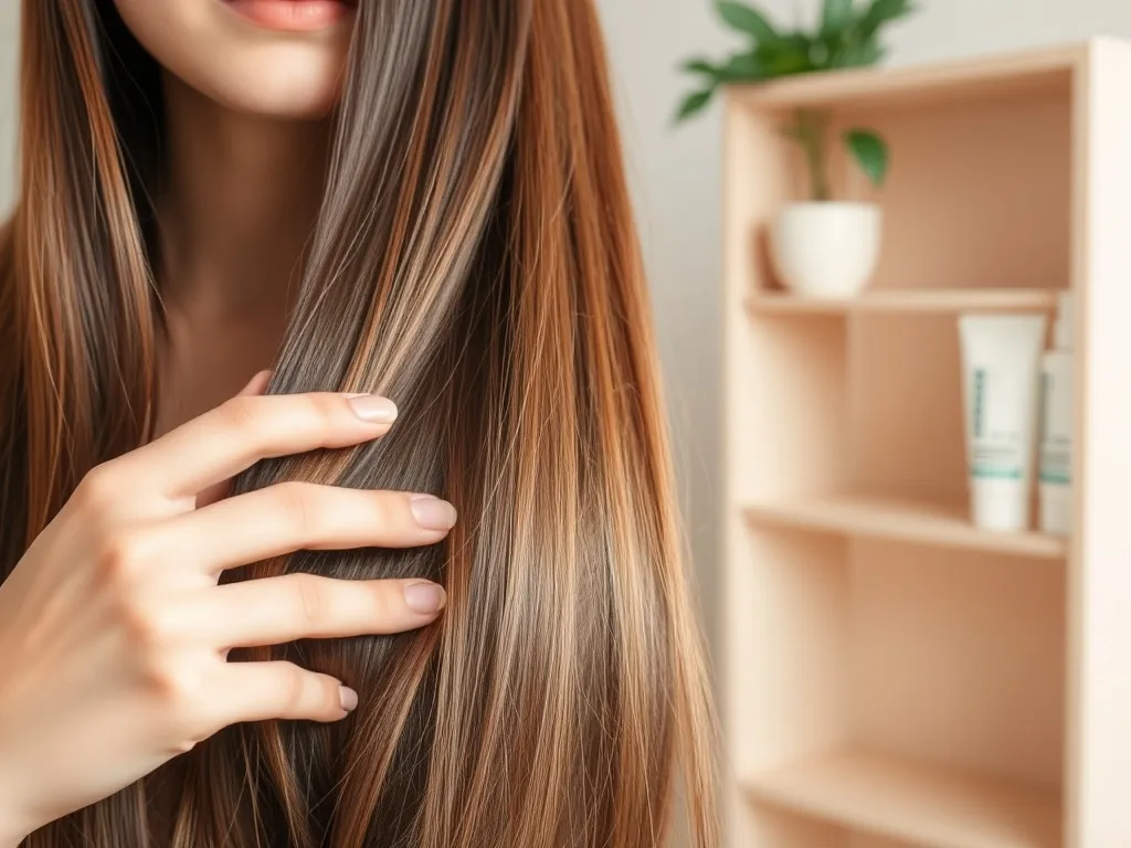 Zadbane, lśniące brązowe włosy trzymane w dłoniach, podkreślające efekt profesjonalnych zabiegów pielęgnacyjnych.