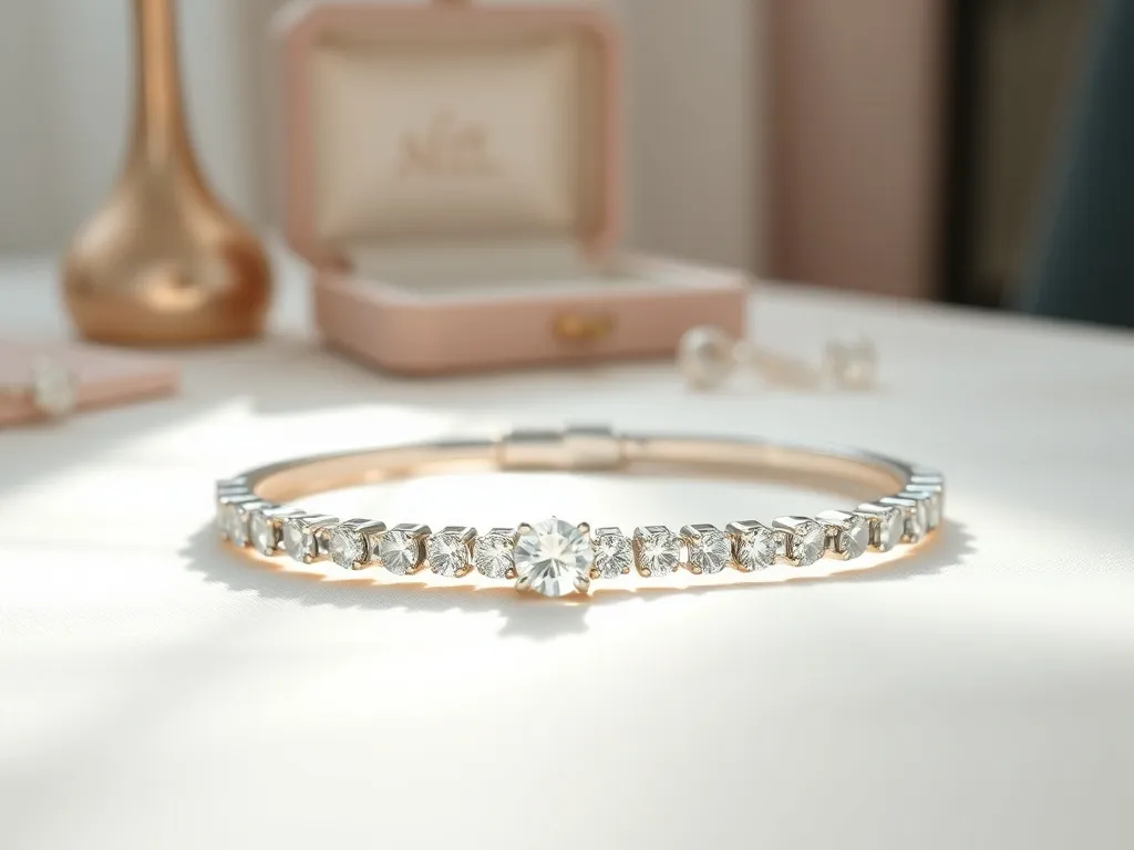 Zbliżenie eleganckiej bransoletki z brylantem na jasnej tkaninie, w miękkim świetle podkreślającym blask kamienia.