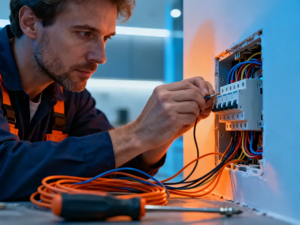 Elektryk montujący przewody w puszce ściennej podczas prac instalacyjnych przy włączniku światła.