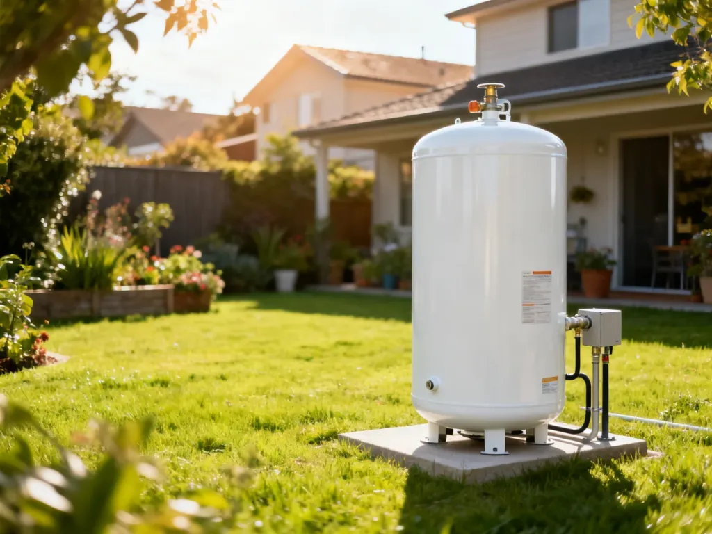 Nowoczesny, biały zbiornik na gaz LPG zainstalowany w przydomowym ogrodzie w słoneczny dzień.