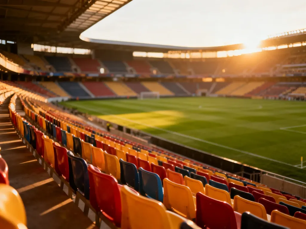 Widok na murawę stadionu z perspektywy trybun w świetle zachodzącego słońca, ilustrujący wybór miejsca z najlepszą widocznością.