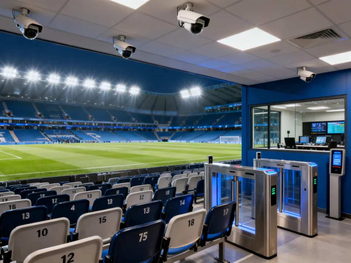 Wnętrze stadionu z trybunami, oświetleniem i systemami bezpieczeństwa