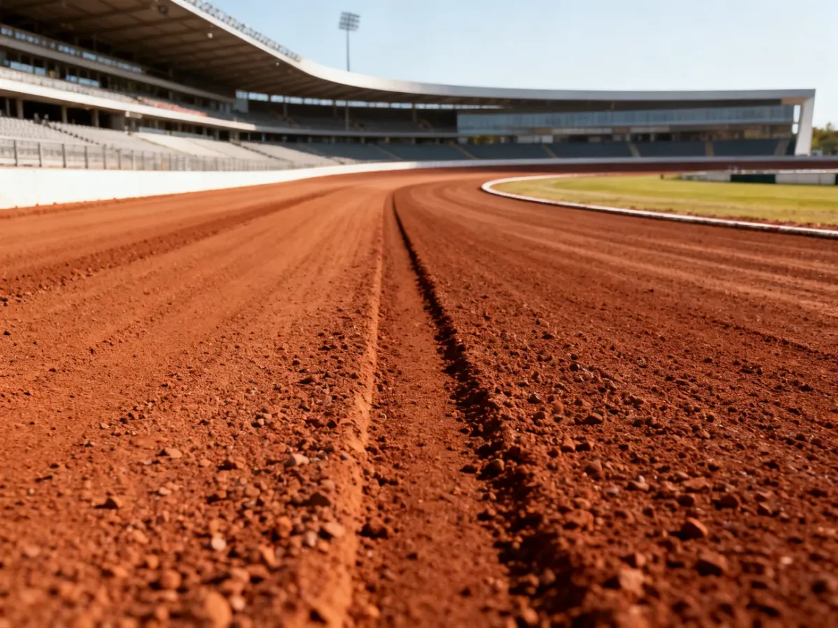 Widok przygotowanej nawierzchni klasycznego toru żużlowego na stadionie