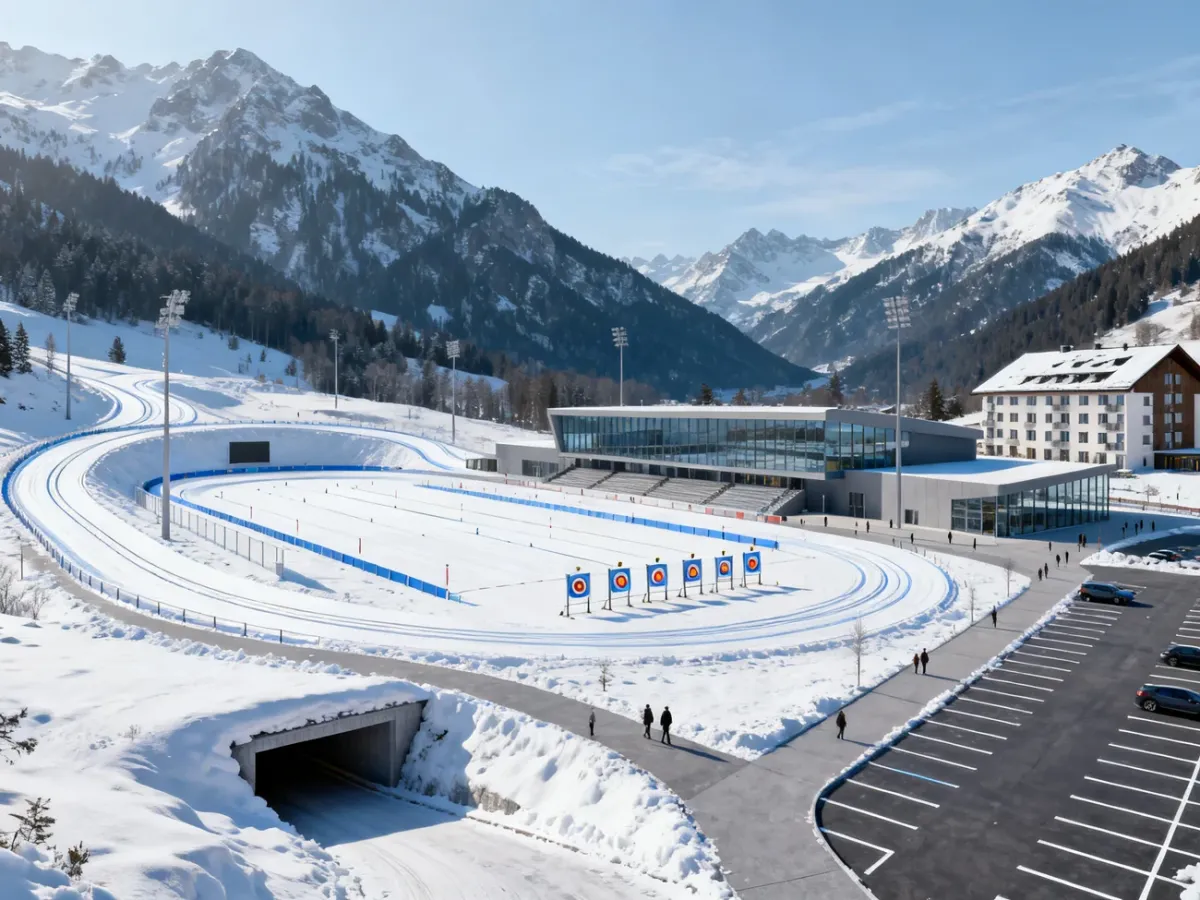 Kompleks stadionu biathlonowego z trasami biegowymi, strzelnicą i zapleczem w górskim otoczeniu