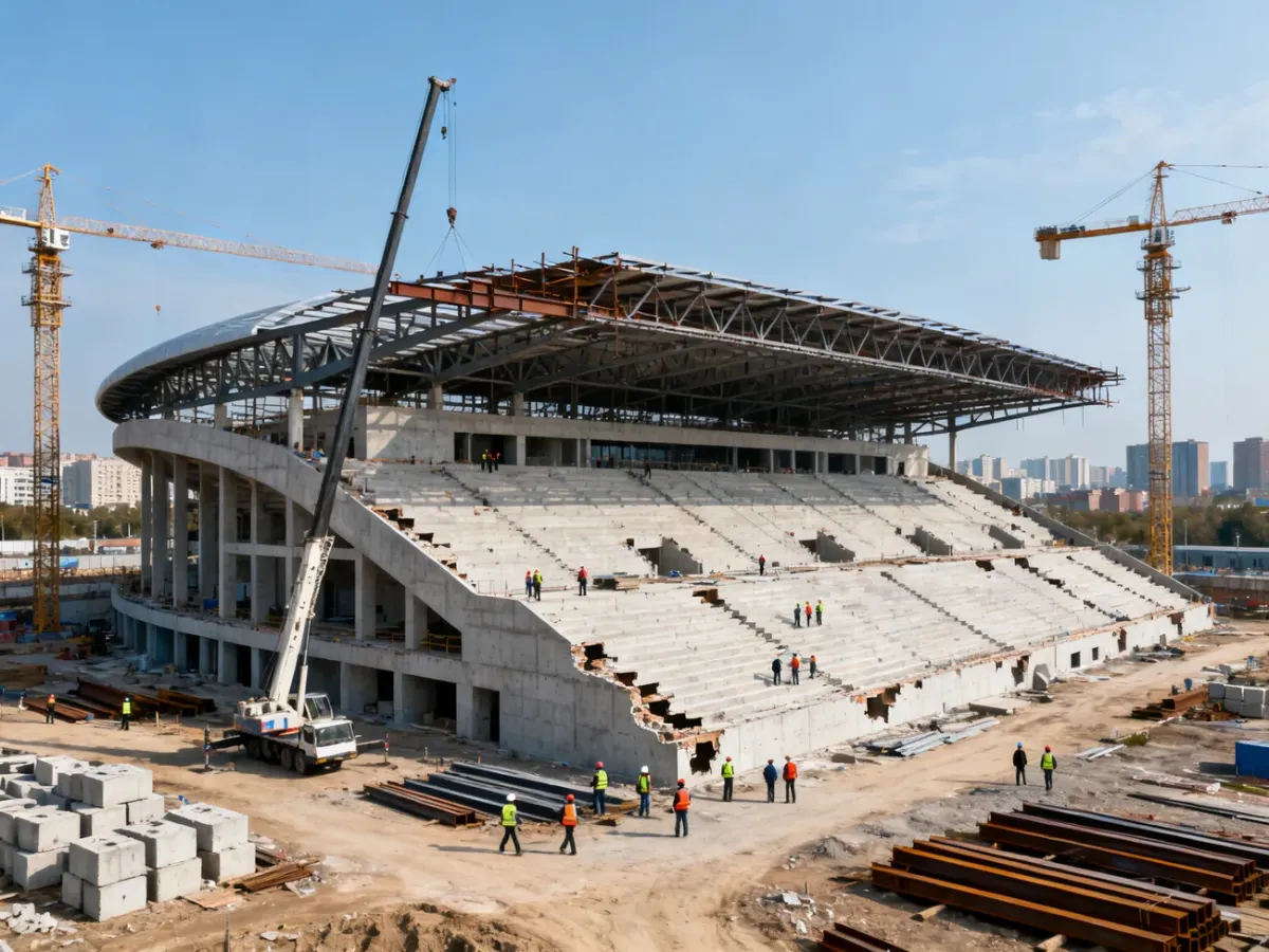 Duży stadion w trakcie budowy z widocznymi trybunami, dźwigami i konstrukcją dachu