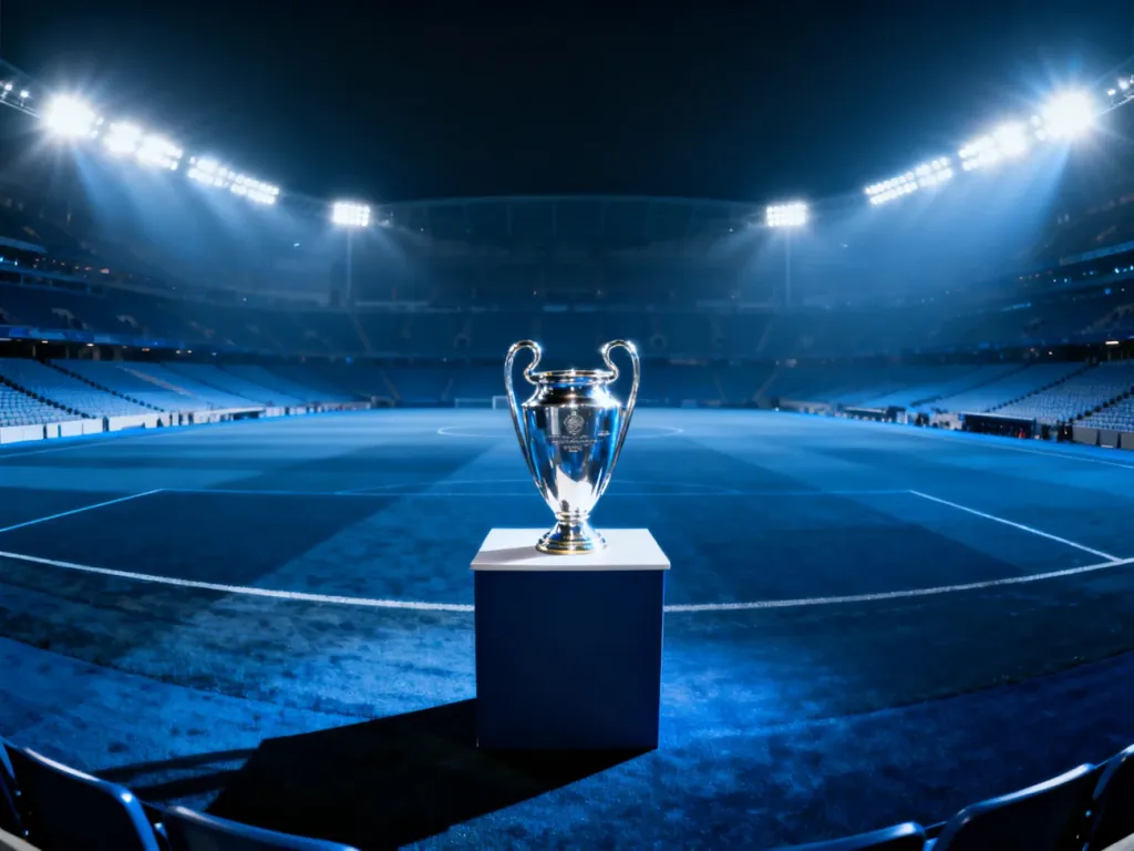Srebrne trofeum Ligi Mistrzów na oświetlonej murawie stadionu, symbolizujące prestiż i oczekiwanie na wielki finał.