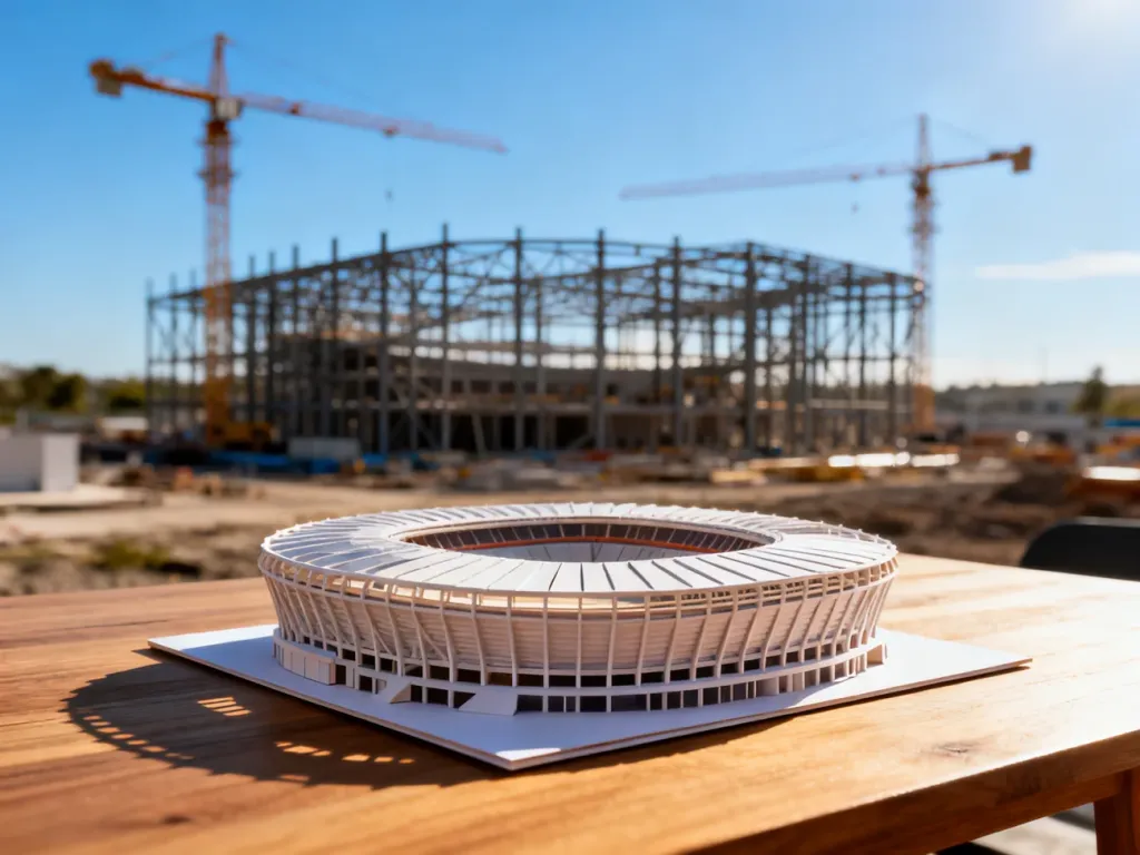 Makieta nowoczesnego stadionu na pierwszym planie oraz plac budowy z dźwigami w tle, symbolizujące proces inwestycji.