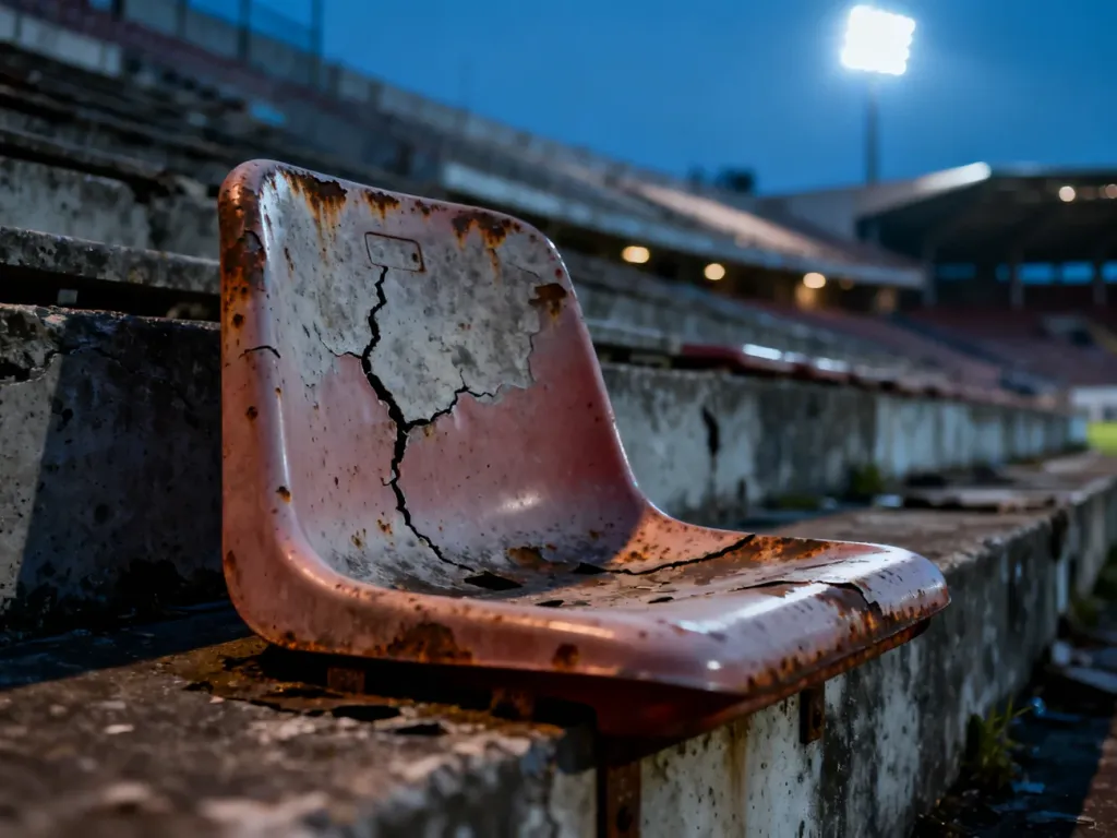 Zniszczone, pęknięte krzesełko na tle opustoszałego stadionu w świetle jupiterów, obrazujące degradację obiektu sportowego.