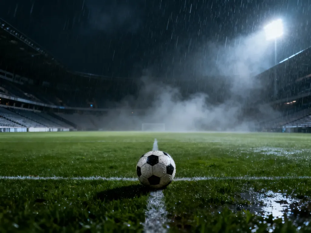 Mokra piłka na murawie stadionu podczas ulewnego deszczu i burzy, symbolizująca przerwany mecz piłkarski.
