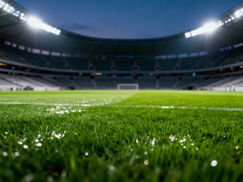 Pusty stadion piłkarski z idealnie utrzymaną murawą i włączonym oświetleniem, gotowy na rozgrywki Ekstraklasy.