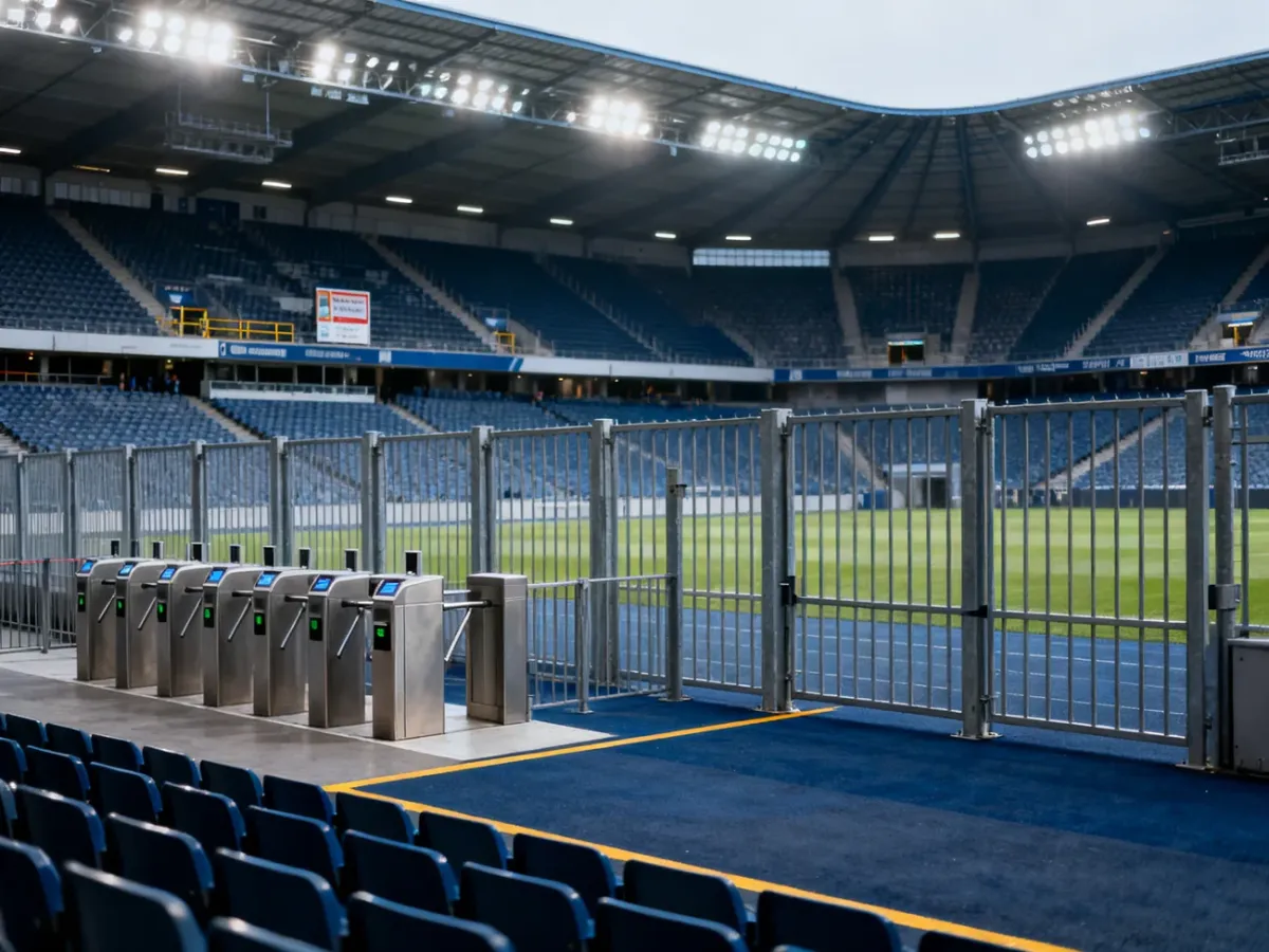 Pusty sektor gości z kołowrotami, ogrodzeniami i strefą buforową na stadionie