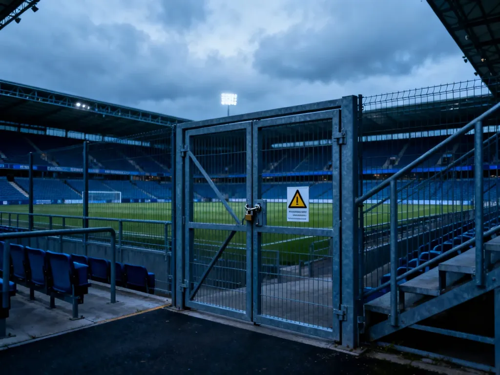 Pusty stadion piłkarski z zamkniętym sektorem dla kibiców gości, odgrodzonym wysokim płotem i zabezpieczonymi bramami.