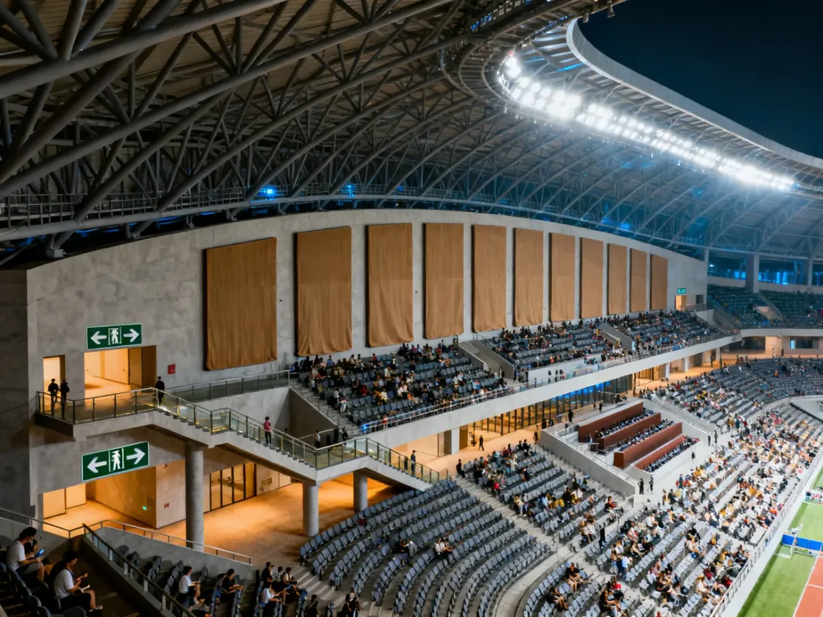 Wnętrze nowoczesnego stadionu z zadaszeniem, trybunami i drogami ewakuacyjnymi