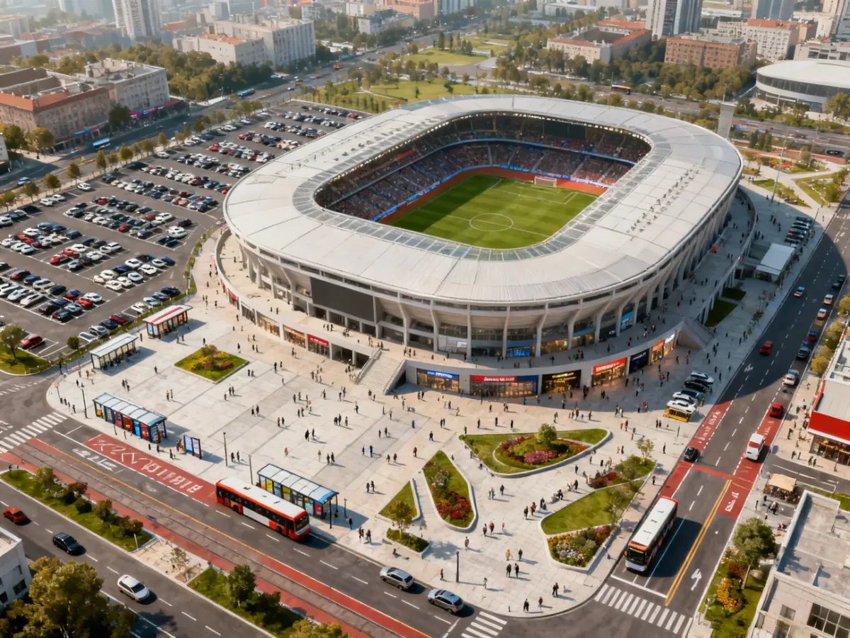 Otoczenie stadionu z parkingami, komunikacją miejską i rozdzielonymi ciągami ruchu