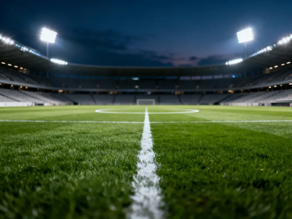 Pusty, profesjonalny stadion piłkarski nocą, przygotowany do rozegrania meczu w europejskich pucharach.