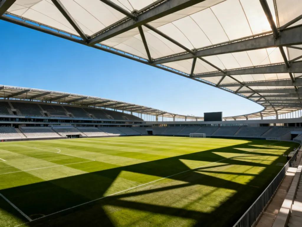 Nowoczesny stadion piłkarski z częściowym zadaszeniem, które rzuca geometryczne cienie na murawę w słoneczny poranek.