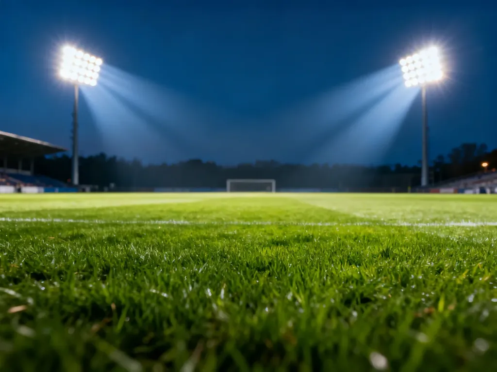 Profesjonalne oświetlenie LED rozświetlające murawę stadionu podczas nocnego meczu piłkarskiego.