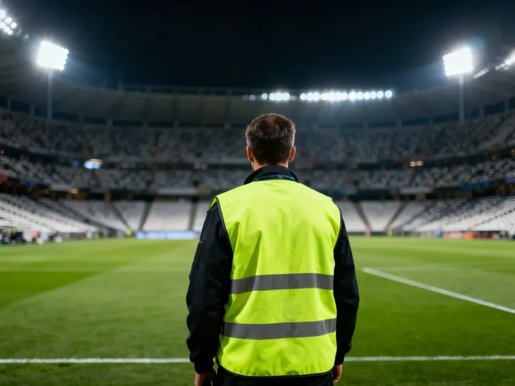 Steward w odblaskowej kamizelce obserwujący płytę boiska na tle pustego stadionu podczas wieczornego meczu.