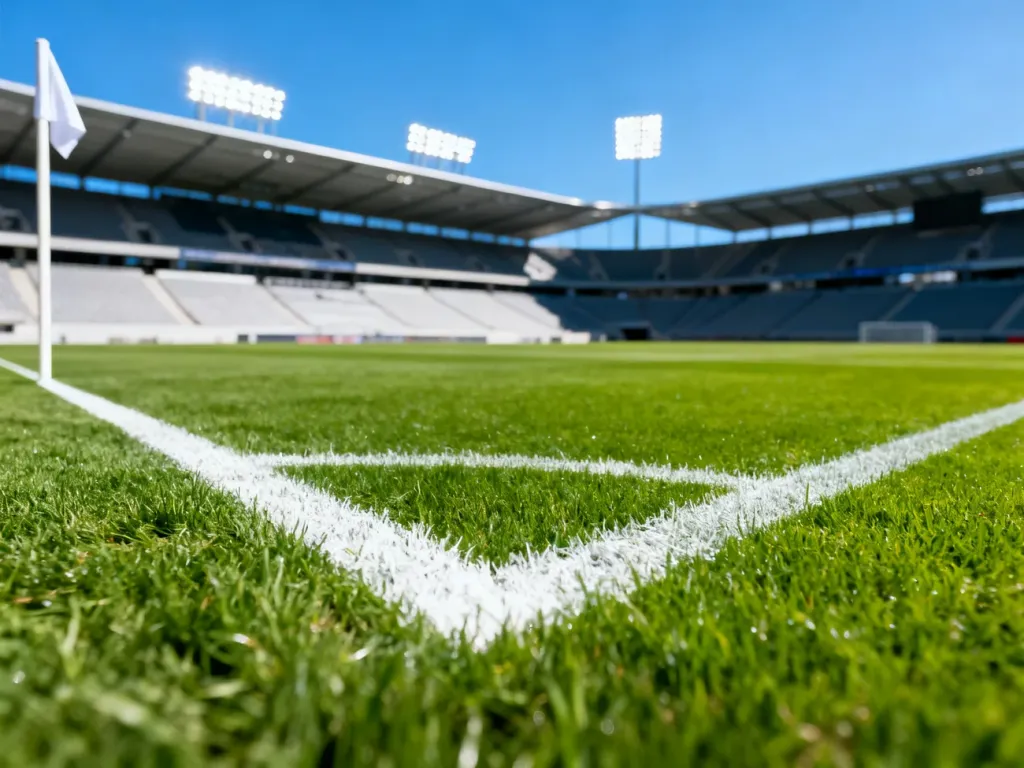 Profesjonalna murawa piłkarska na stadionie pierwszoligowym w pełnym słońcu z widocznymi trybunami w tle.