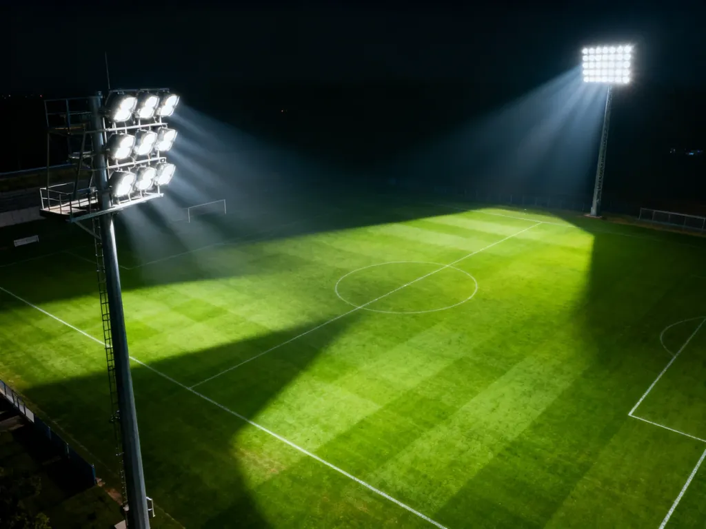 Profesjonalny system oświetlenia LED na stadionie piłkarskim, zapewniający równomierną widoczność murawy nocą.