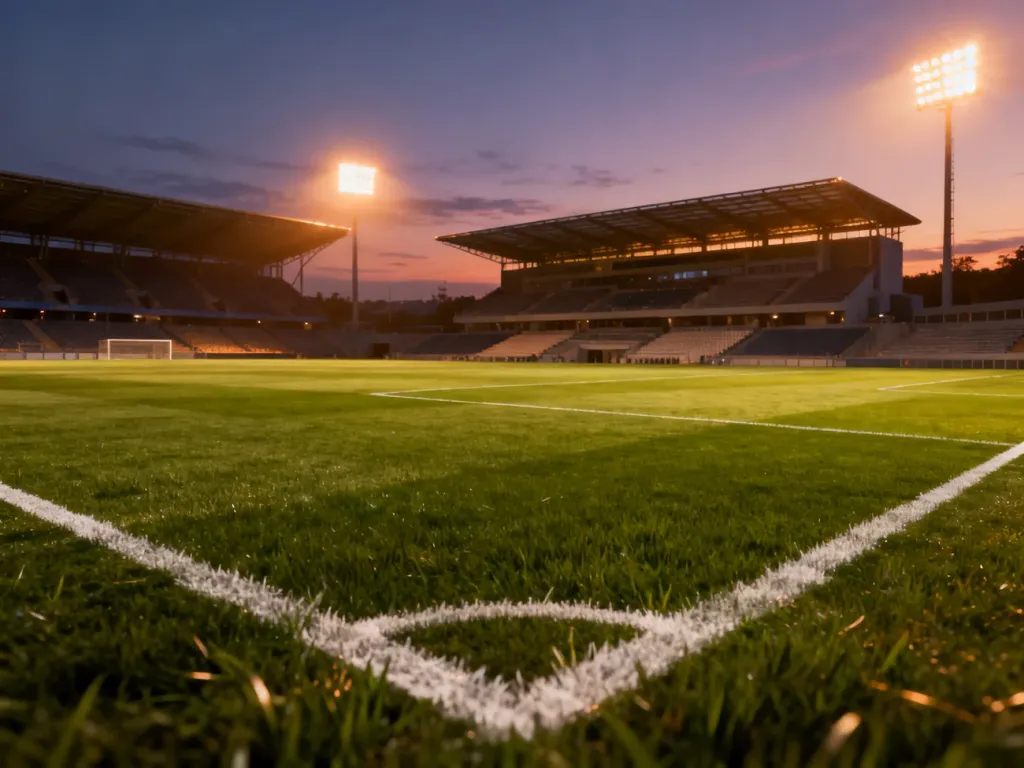 Widok z lotu ptaka na nowoczesny stadion piłkarski oświetlony o zmierzchu, ukazujący trybuny i murawę boiska.