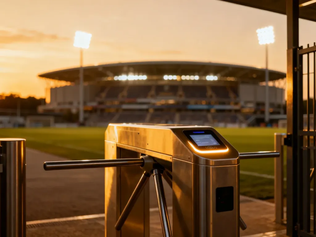 Nowoczesna bramka obrotowa ze skanerem biletów przy wejściu na stadion o zachodzie słońca.