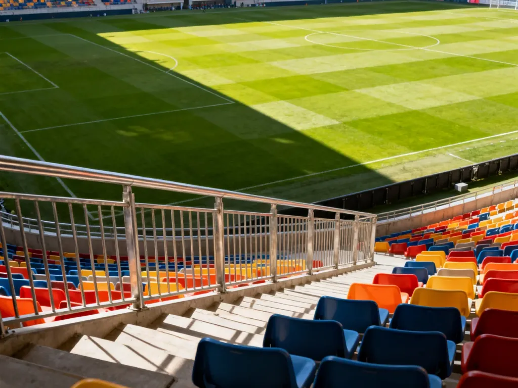 Widok na puste trybuny i murawę profesjonalnego stadionu piłkarskiego w słoneczny dzień.