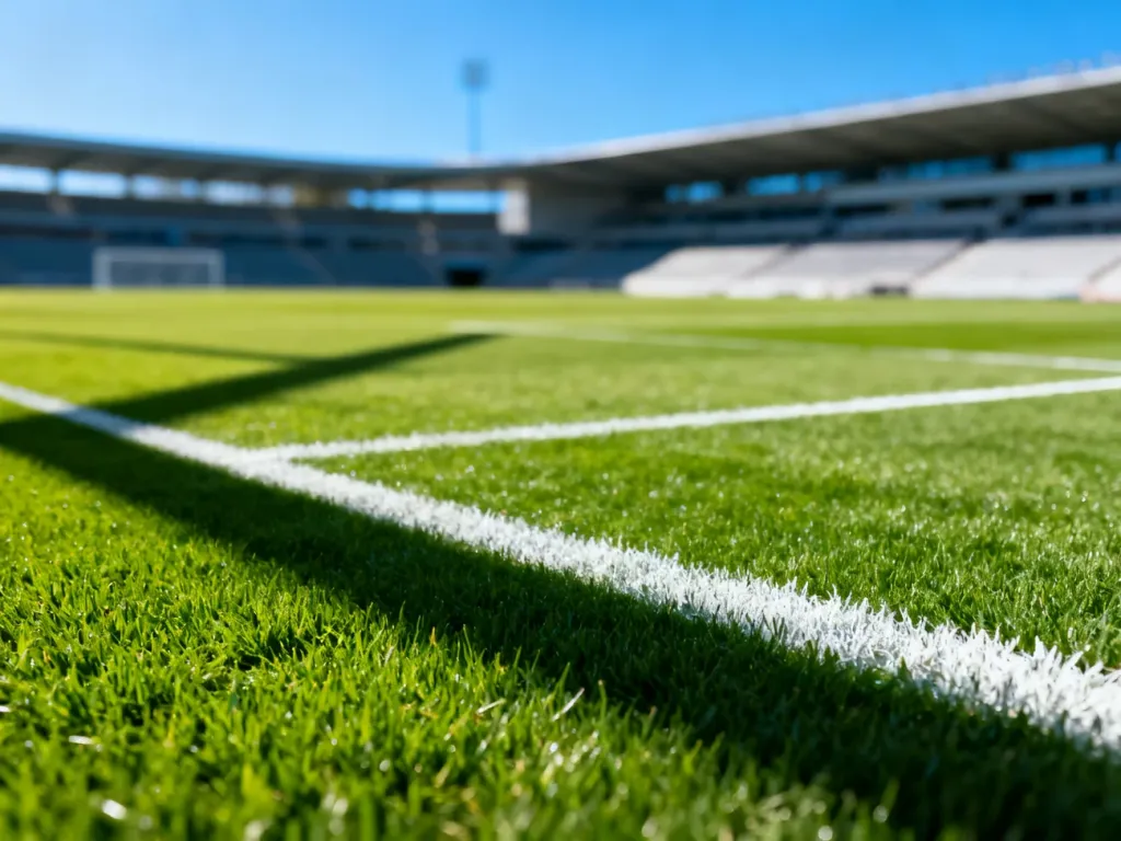 Perfekcyjnie utrzymana murawa piłkarska z wyraźnymi białymi liniami na stadionie w słoneczny dzień.