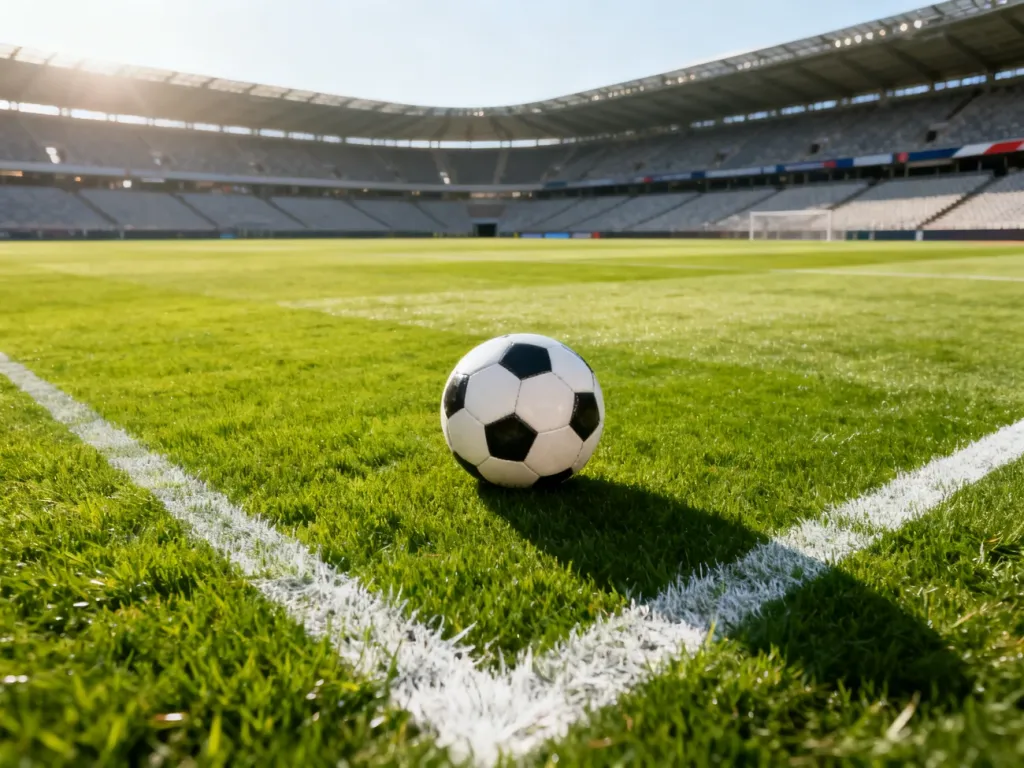 Pusta murawa stadionu piłkarskiego z piłką na środku, przygotowana do wielkiego meczu w świetle poranka.