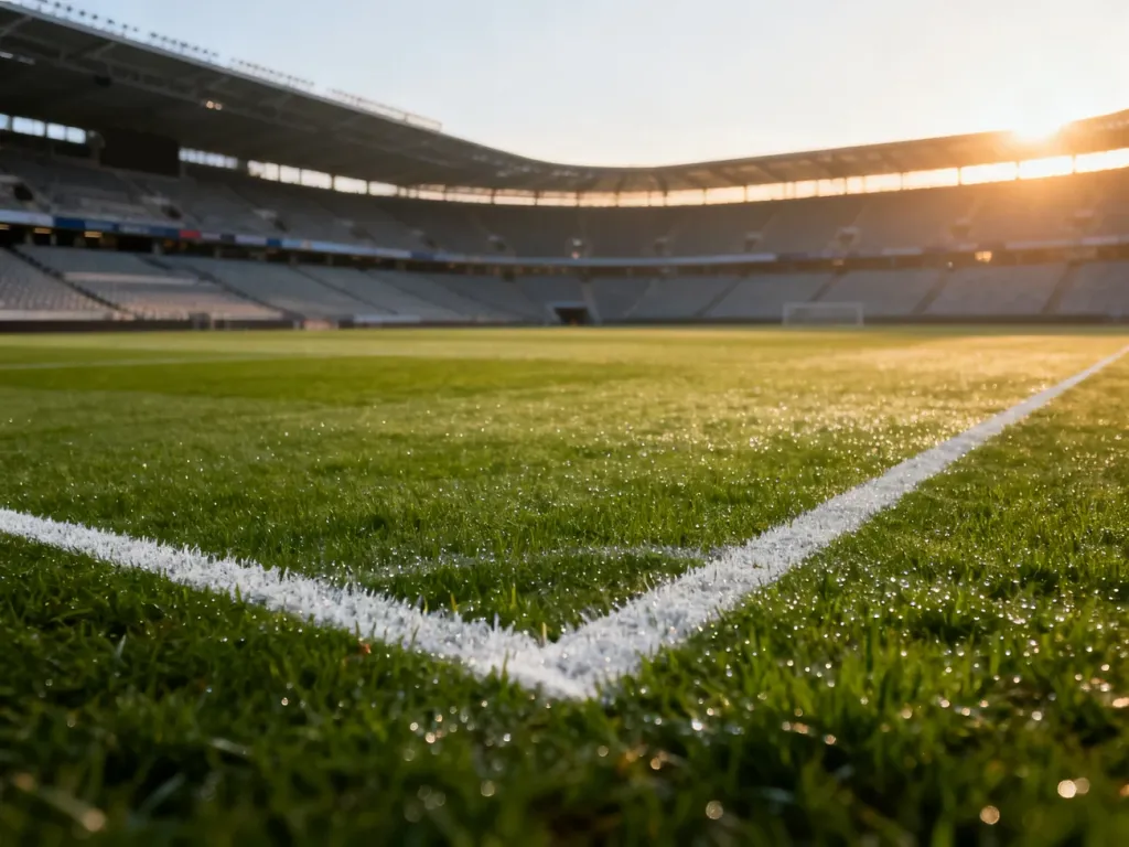 Pusty stadion piłkarski o wschodzie słońca z idealnie przygotowaną murawą, gotowy na przyjęcie kibiców i zawodników.