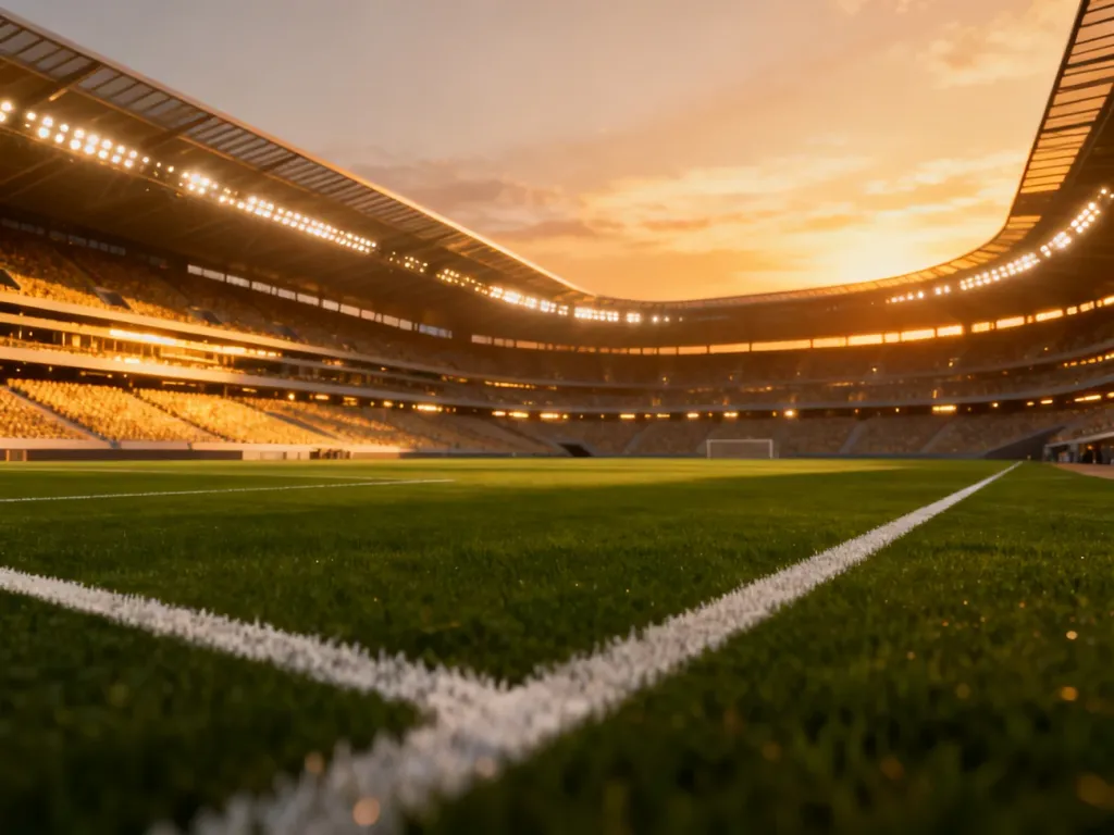 Nowoczesny stadion piłkarski w blasku zachodzącego słońca, podkreślający prestiż posiadania własnego obiektu sportowego.