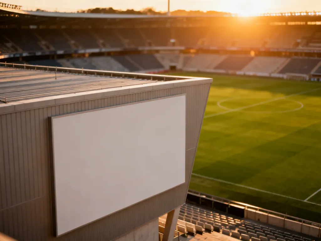 Pusty stadion piłkarski o zachodzie słońca z wyeksponowaną fasadą, idealną pod umieszczenie logo sponsora.