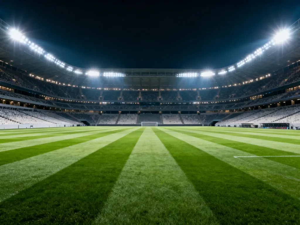 Nowoczesny, pusty stadion piłkarski nocą, przygotowany na wielkie wydarzenie sportowe przy pełnym oświetleniu.