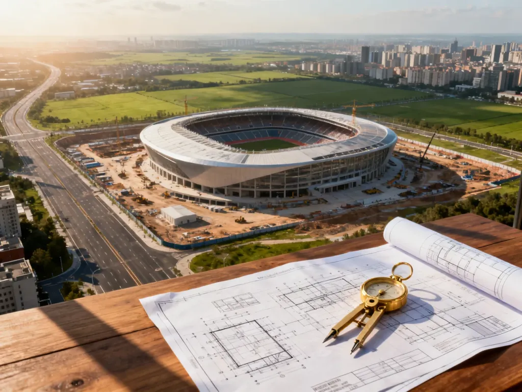 Widok z lotu ptaka na plac budowy stadionu oraz plany architektoniczne z kompasem na stole, symbolizujące planowanie inwestycji.