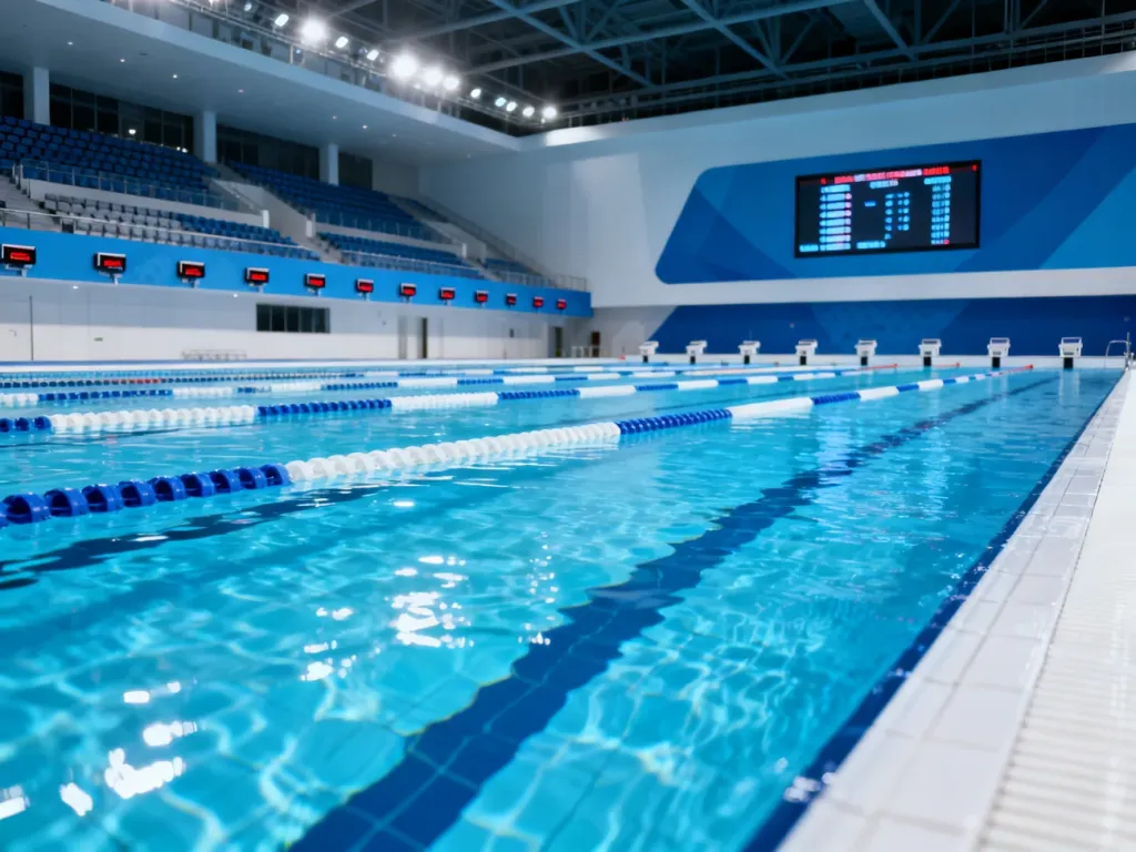 Profesjonalny basen olimpijski z wyraźnymi torami, trybunami i elektronicznymi panelami do pomiaru czasu zawodów.