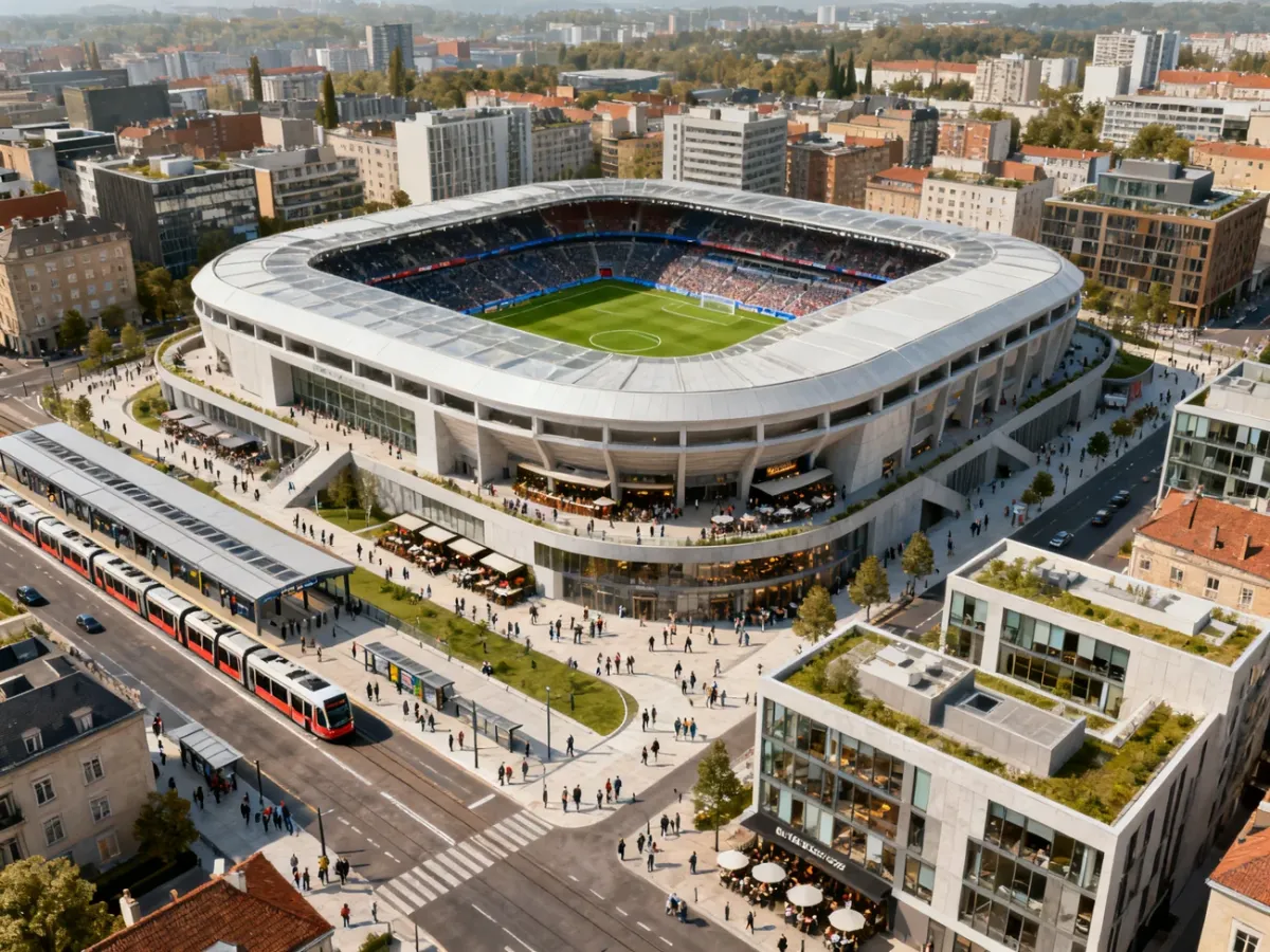 Nowoczesny stadion wielofunkcyjny zintegrowany z miejską zabudową i transportem publicznym