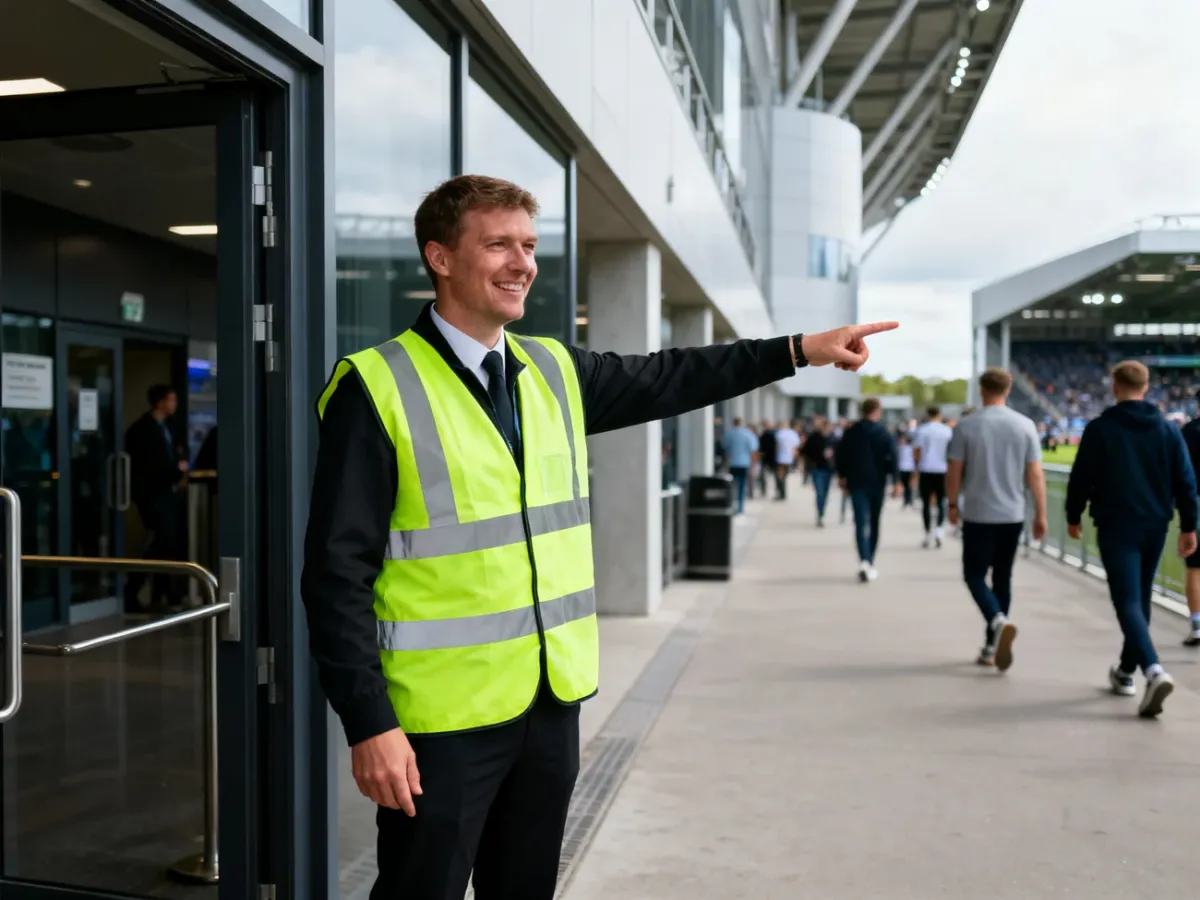 Steward kierujący kibiców przy wejściu na stadion