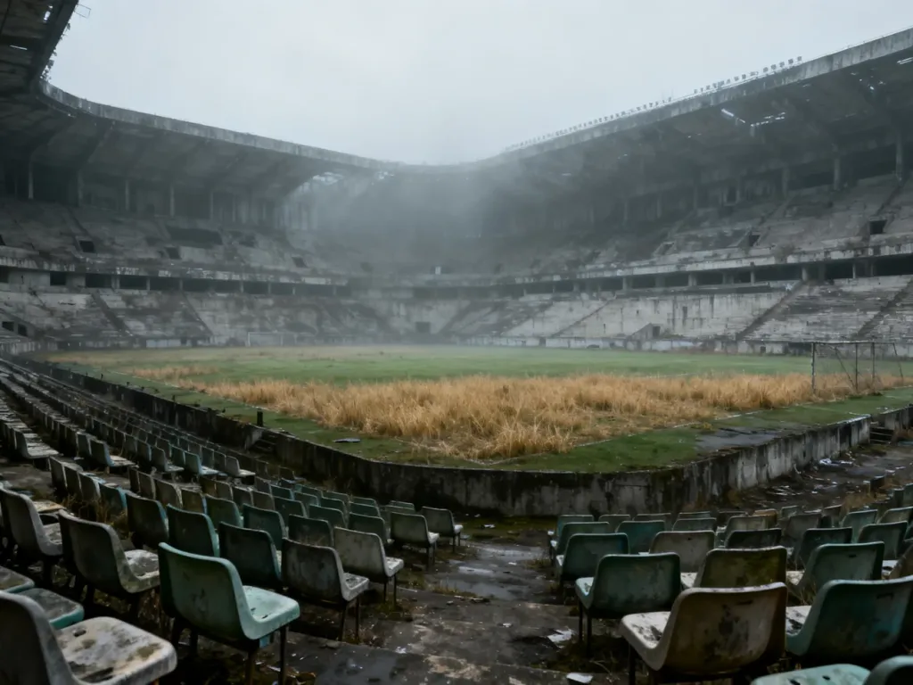 Opuszczony stadion z zniszczonymi trybunami i zarośniętą murawą, obrazujący problem nieużywanych obiektów po wielkich imprezach.
