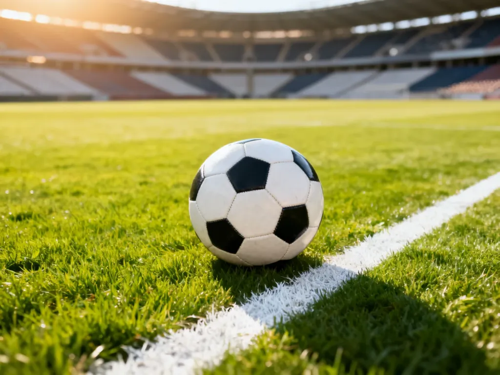 Widok z góry na profesjonalne boisko piłkarskie z piłką na murawie, obrazujący przestrzeń i wymiary stadionu.