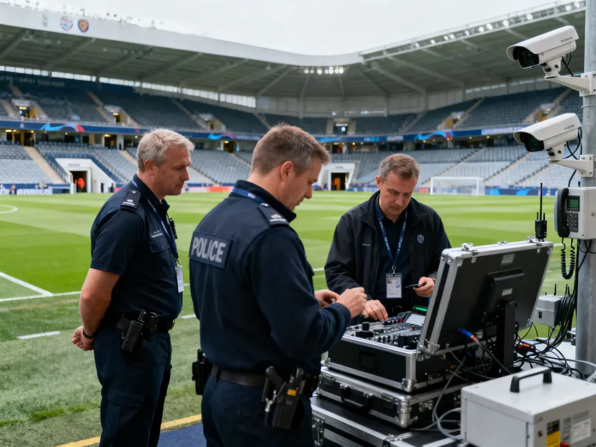 Zespół służb sprawdzający stadion przed rozpoczęciem meczu