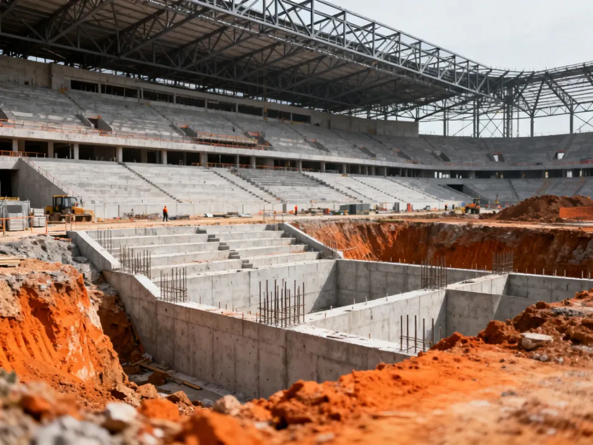 Plac budowy stadionu ukazujący fundamenty, trybuny i stalową konstrukcję dachu