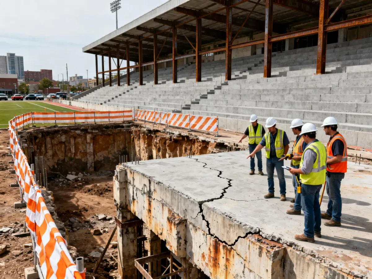 Częściowo modernizowany stary stadion z odsłoniętą konstrukcją i zabezpieczeniami budowy