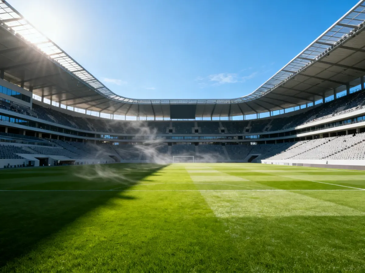 Stadion z zadaszonymi trybunami i otwartą murawą