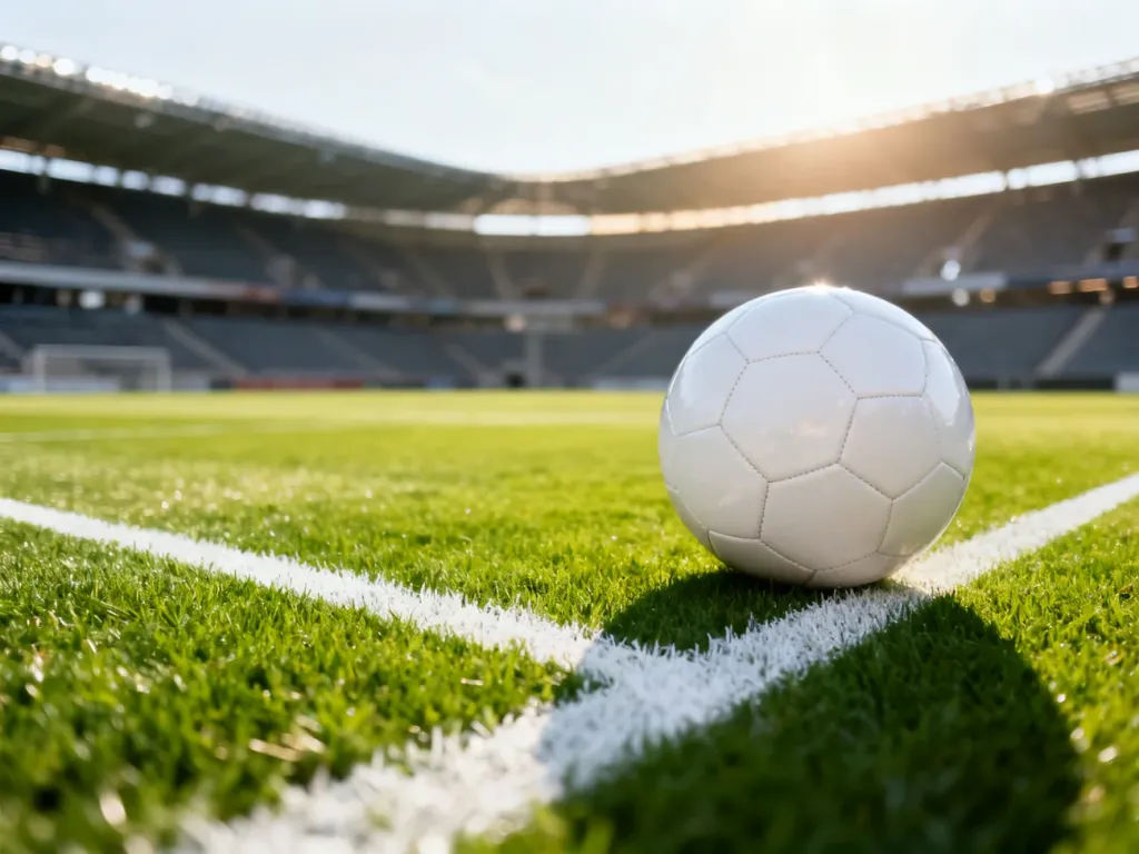 Piłka do gry w piłkę nożną leżąca na idealnie przystrzyżonej murawie nowoczesnego stadionu w pełnym słońcu.