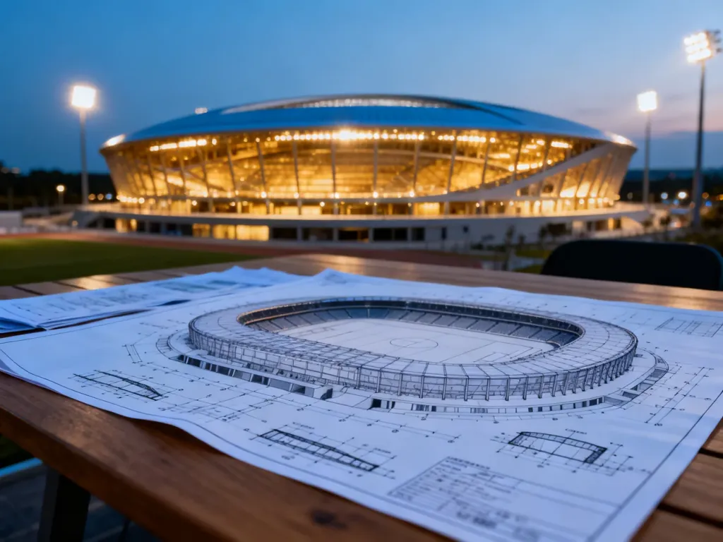 Plany architektoniczne nowoczesnego stadionu wielofunkcyjnego rozłożone na stole na tle oświetlonej areny o zmierzchu.