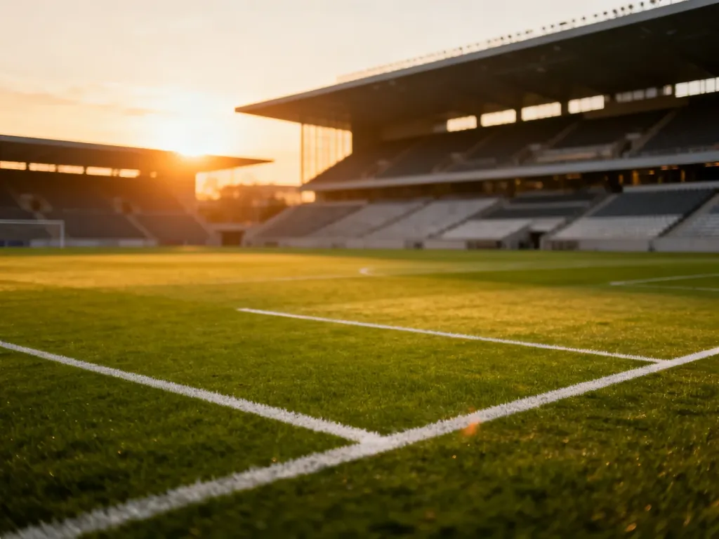 Pusta murawa profesjonalnego stadionu piłkarskiego oświetlona promieniami zachodzącego słońca.