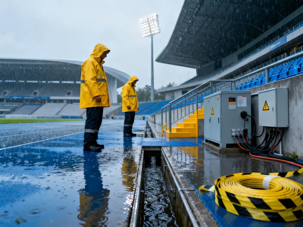 Pracownicy stadionu sprawdzają zalane przejścia i drogi ewakuacyjne