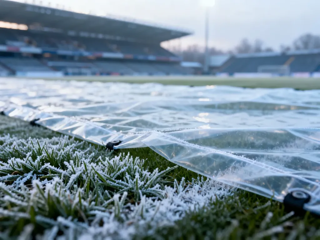 Murawa piłkarska przykryta specjalną folią termiczną chroniącą trawę przed mrozem na stadionie w zimowy poranek.