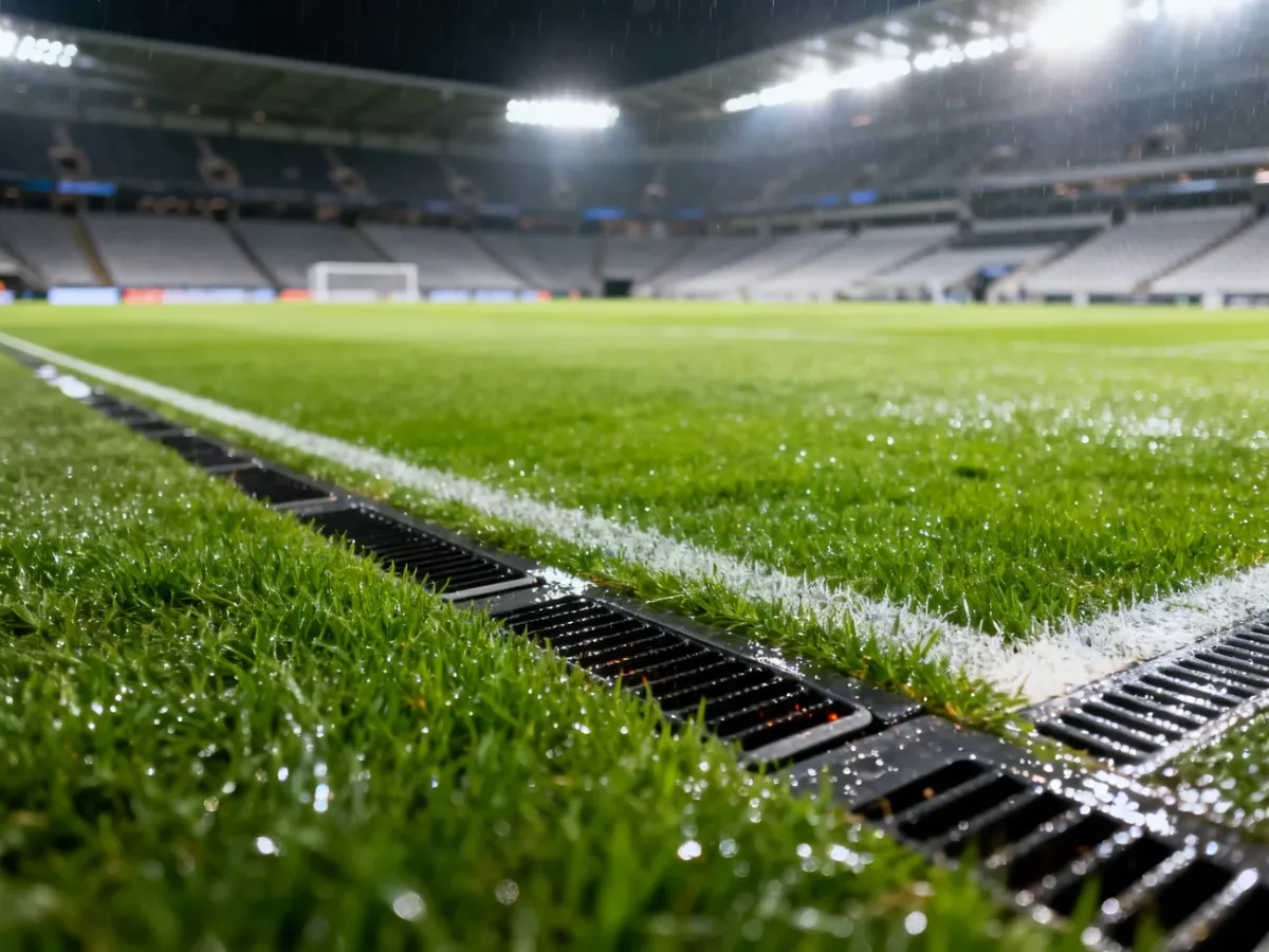 Równa i dobrze przygotowana murawa stadionowa z systemem drenażu